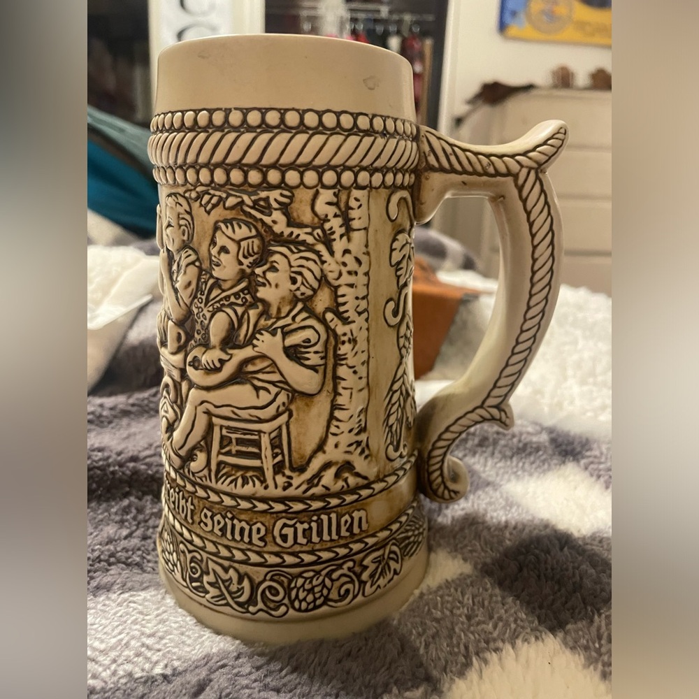 German Beer Mug with Tavern Scene, Bliesmengen-Bolchen Germany, .05 Liter Mug
